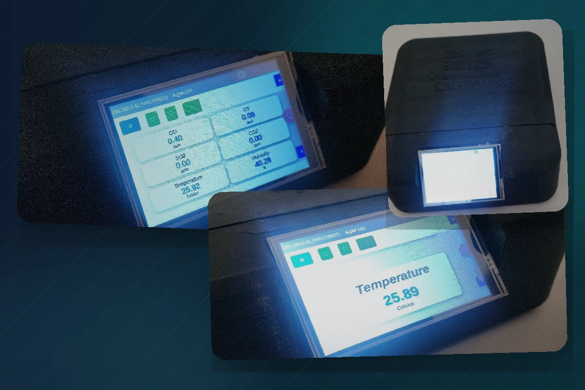 Connected monitoring devices displaying live environmental readings.